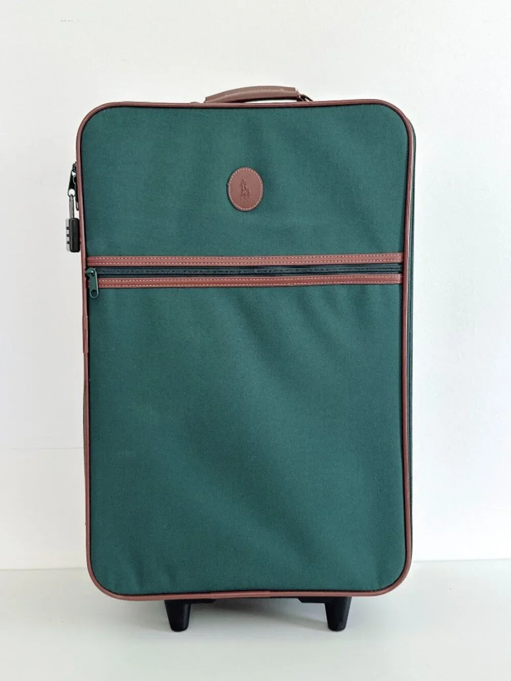 VINTAGE POLO RALPH LAUREN SUITCASE HUNTER GREEN CANVAS DESIGN BROWN LEATHER TRIM